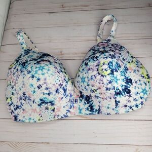 Cacique White Blue Tie Dye Wire Free Plunge Bra